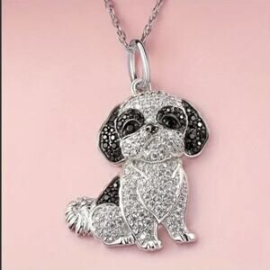 Shih Tzu Dog Necklace Rhinestone 29" Dainty Chain Silvertone Puppy Pet Softgirl